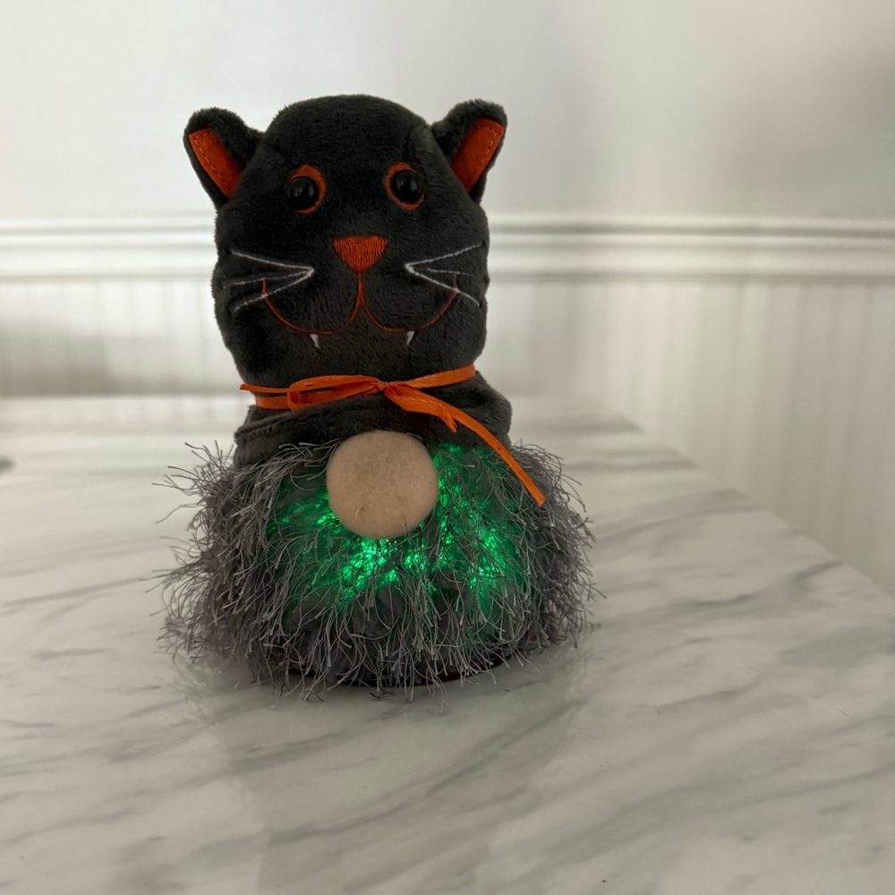 Halloween Gnome Wearing Plush Gray Vampire Cat Hat - Lights Up! - Picture 5 of 5